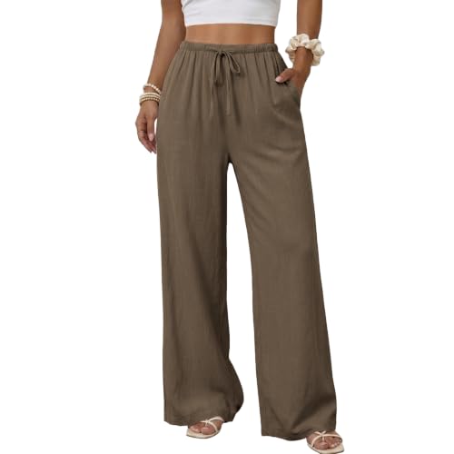Duyang Womens Cotton Linen Palazzo Pants Drawstring Elastic Waist Casual Wide Leg Trousers with Pockets Chestnut-Brown — Amazon listing image