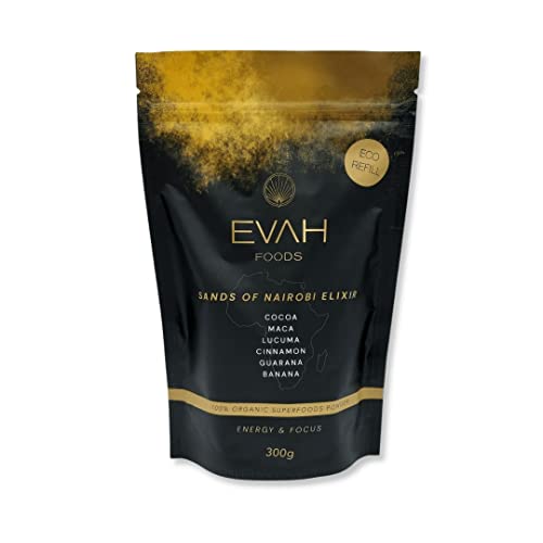 ECOrecarga 300g | Arenas de Nairobi Elixir | Cacao, Canela, Plátano, Guaraná, Maca, Lúcuma | Polvo 100% ORGÁNICO | Energía Cuerpo y Mente