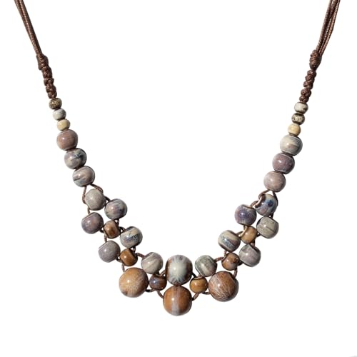 Zlanderah Boho Round Taupe Ceramic Beads Necklace, Adjustable Hippie Chunky Statement Necklace, Retro Ethnic Brown Grey Jewelry for Women
