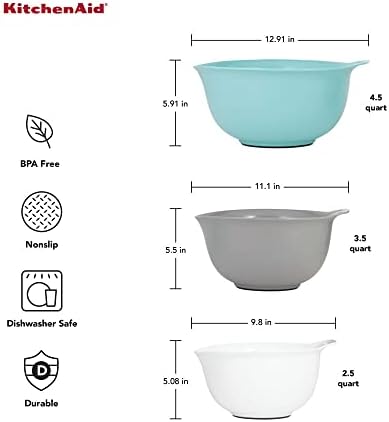 KitchenAid Universal Nesting Plastic Mixing Bowls, Set Of 3, 2.5 quart, 3.5 quart, 4.5 quart, Non Slip Base with Easy Pour Spout to Reduce Mess, Dishwasher Safe, Aqua Sky, White, Gray - Thumbnail 5