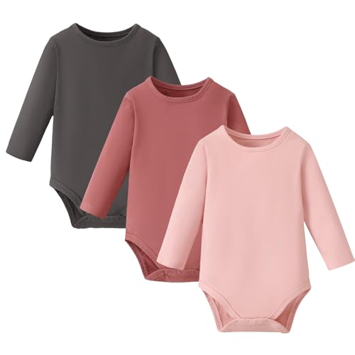 Image of ROMPERINBOX Long Sleeve Onsies Girl 3 Pack Knitted Solid Baby Crew Neck Bodysuit Multicolors 0-24 Months