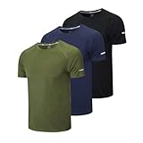 frueo Men's 3 Pack Workout Shirts Quick Dry Moisture Wicking Short Sleeve Mesh Athletic T-Shirts,Black Navy Green,L