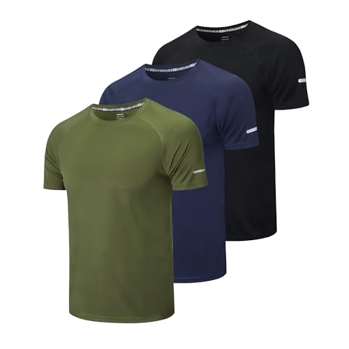 frueo Men's 3 Pack Workout Shirts Quick Dry Moisture Wicking Short Sleeve Mesh Athletic T-Shirts,Black Navy Green,3XL