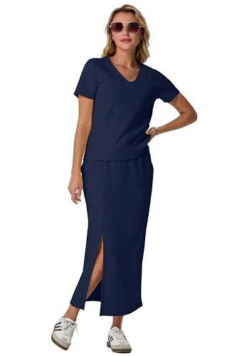 Image of GRECERELLE Women Summer Casual 2 Piece Sets V-Neck Wrinkle-Free Top & Elastic Waist Midi Side Slit Skirt with Pockets