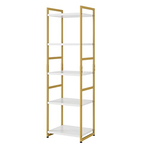 Finetones 5 Tier Corner Shelf, Narrow Bookshelf Gold With Metal Frame, Modern Display Storage Organizer For Bedroom Living Room Home Office, White And Gold #TOP5