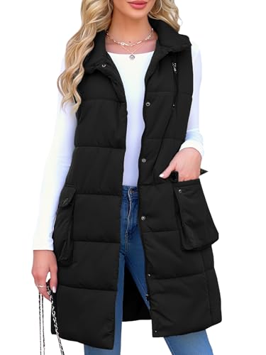 Women's Long Puffer Vest Oversized Stand Collar Quilted Lightweight Sleeveless Vests Outerwear Jacket