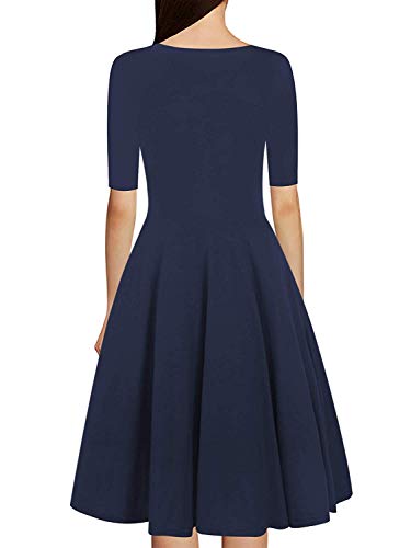 Oxiuly Women's Vintage Criss-Cross Necklines V-Neck Half Sleeve Floral Casual Work Stretch Party Swing Dress Ox233 (L, Nave Blue S5) #TOP1