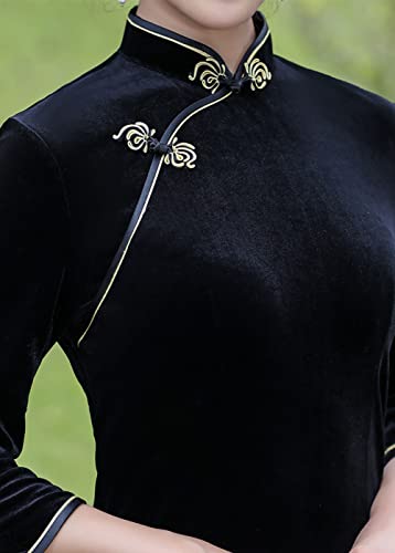 Chinese Traditional Velour Cheongsam Maxi Dress Elegant Women Long Sleeve Side Slit Slim Fit Qipao Party Dress
