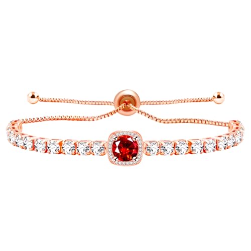 Image of Rose Plated Gold Brass Box Chain Cubic Zirconia Classic Tennis Slider Adjustable Bracelet, Round Big Zircon Charm Give Woman Mom Mother's Day Fashion Crystal Gift