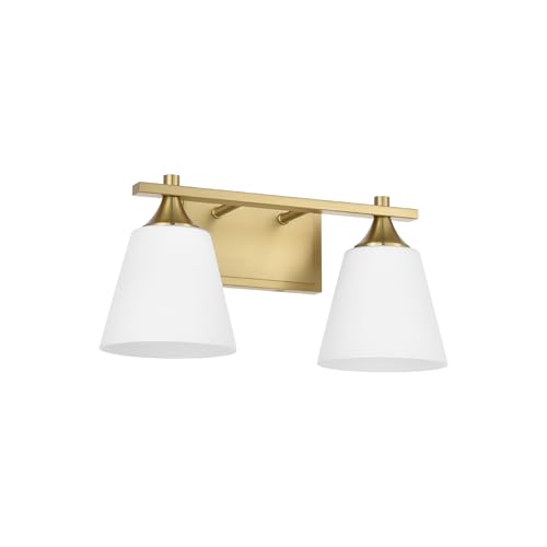 Image of Brass Bathroom Vanity Light Fixtures, 2 Lights Traditional Gold Vanity Lighting Fixture with Opal Glass Shade, Porch Wall Mount Light Fixture for Bathroom, Mirror Cabinets Hallway Stairs, Aged Brass