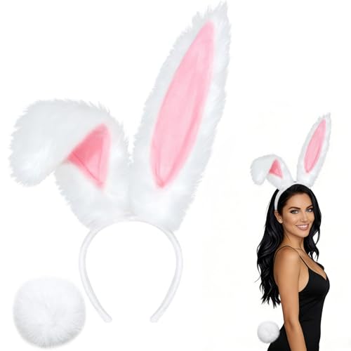 CaeyBrye Bunny Ears Headbands and Tail - Bunny Costume Accessories Set for Women White/Grey Rabbit Ears Headband Tail for Cosplay