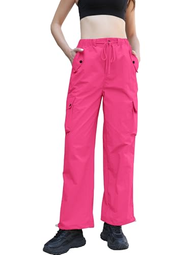 Image of Betusline Girls & Women's High Waist Wide Leg Cargo Pants Y2K Parachute Pants with Pockets and Drawstring 6 Years-Women 2XL