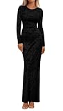 BTFBM Wedding Guest Dresses for Women 2025 Fall Elegant Floral Lace Ruched Long Sleeve Bodycon Cocktail Party Maxi Dress(Black, Medium)