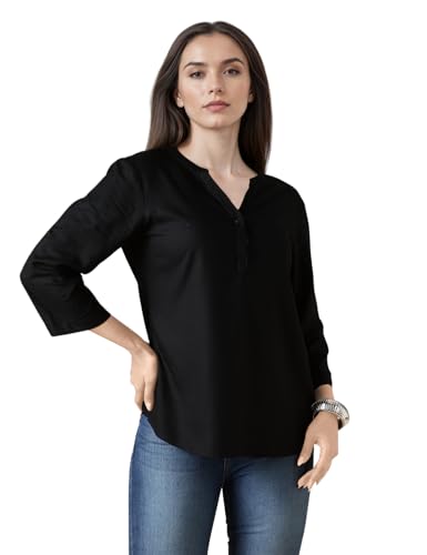 Image of FYLTR Women's Casual Roll -Up Sleeves Rayon V-Neck Top - Western Tops | Shirts for Women | Soft & Comfortable | Tops for Jeans