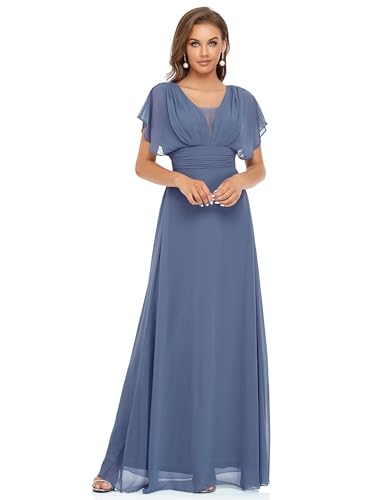 Ever-Pretty Women's Elegant Formal Dress V-Neck Short Sleeve Chiffon Long Mother of The Bride Dresses Dusty Navy US8