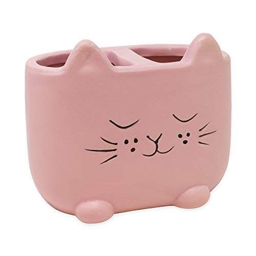 Isaac Jacobs Pink Ceramic Cat Makeup Brush Holder, Multi-Purpose 2-Section Organizer. Bathroom, Kitc - //coolthings.us