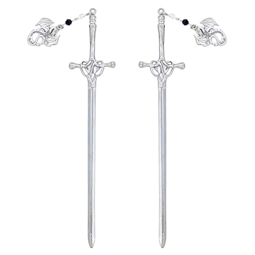 FRESHME Renaissance Sword Hair Sticks - 2 Pcs Sliver Sword Hair Pins with Dragon Pendant Renaissance...