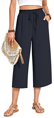 Image of Anyhold Women's Capri Pants Drawstring Casual Palazzo Trousers with Pockets Loose High Waisted Wide Leg Lounge Pants