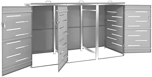 Canditree Outdoor Stainless Steel Triple Wheelie Bin Storage Shed Garbage Trash Hideaways with 3 Lockable Doors for Patio (Grey)