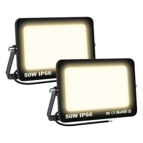 SKYWORLD 2 Pcs Projecteur LED Extérieur 50W 5000LM 3000K Blanc Chaud Spot LED Eclairage IP66 Étanche Projecteur Extérieur Eclairage de Sécurité Floodlight pour Jardin, Patio, Garage, Entrée