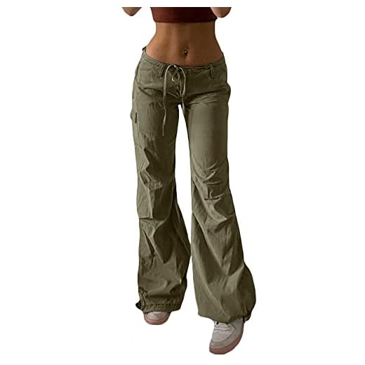 Women's Low Waist Cargo Casual Solid Color Harajuku Vintage Y2k Low Rise Baggy Jogger Relaxed Cinch Pants Army Green Small