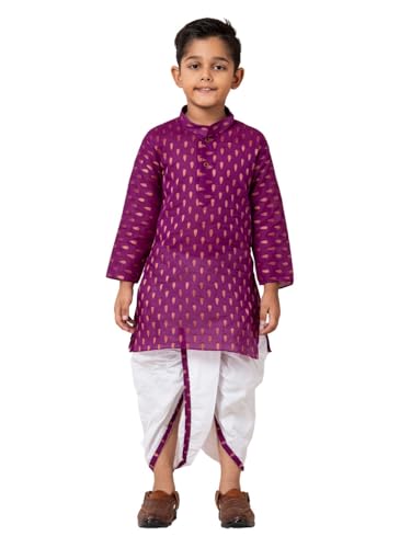 Image of Boys Dhoti Kurta Set for Kids - Cotton Kurta and Elastic Waist Dhoti - Traditional Dress