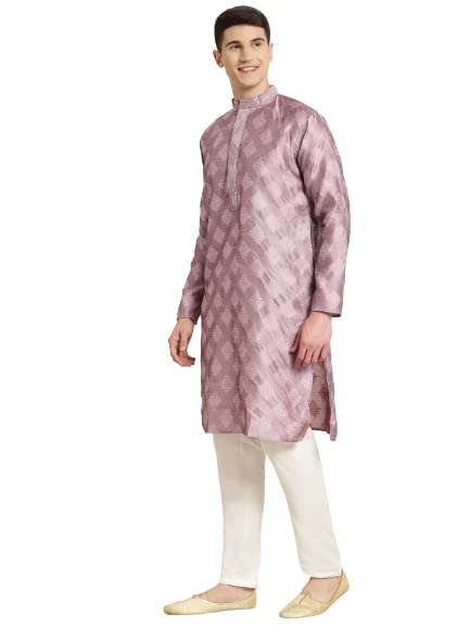 Sojanya (Since 1958 Men's Jacquard Silk Purple & Self Design Kurta & Off White Churidar Pyjama Set