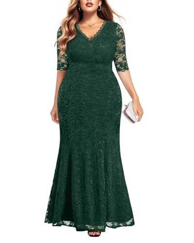Image of Pinup Fashion Plus Size Formal Evening Dress Wedding Guest Bridal Gowns | Floral lace, wrap v-neck, 3 /4 sleeves, empire waist, mermaid floor length, side zipper