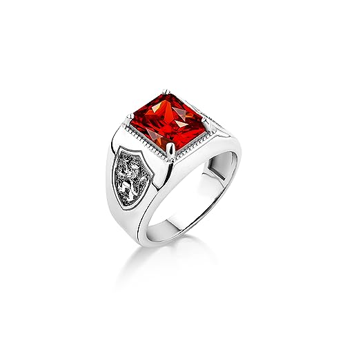 Bysilverstone Jewelry Square Cut Red Ruby Men Ring With Engraved Rampant Lion cover