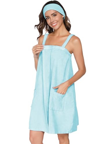 Image of Veseacky Women Bath Wrap Towel for Womens Shower with Pocket Adjustable Spa Robe & Facial Headband