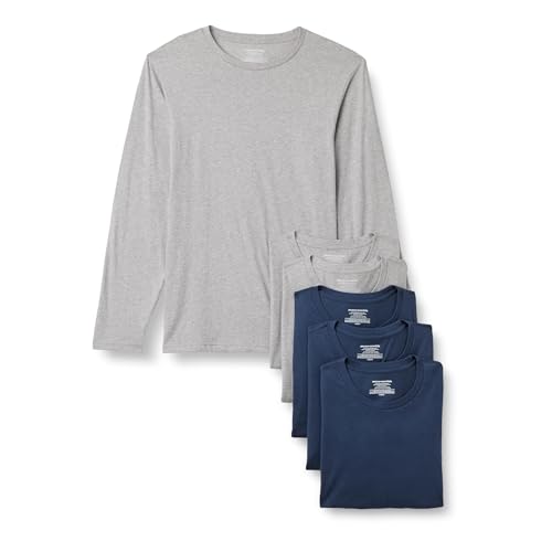 Amazon Essentials Men's Slim-Fit Cotton Crew Neck Vests, Pack of 6, Medium Grey Heather/Navy Long Sleeve, XL