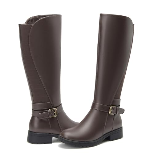 ALLOT Women's Stretch Knee High Boots Low Block Heel Buckle Strap Classic Riding Boots Ladies Side Zip Elastic Casual Fashion Winter Boots