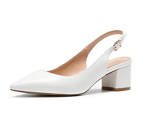 Castamere Damen Blockabsatz Slingback Pumps Spitz Sandalen 5CM Heels PU Weiß Pump EU 41.5
