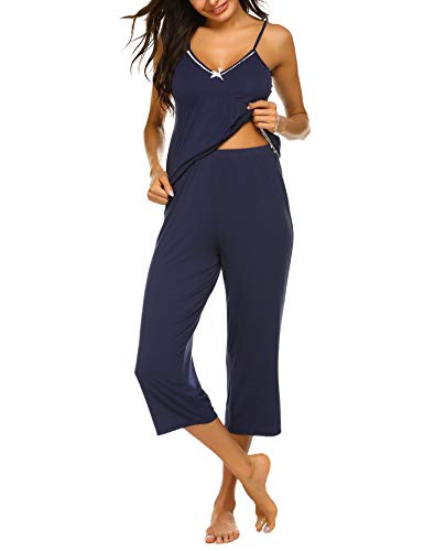 Ekouaer Womens V-Neck Cami And Capri Pajamas Pants Set Sexy Nightwear Navy Blue S #TOP1