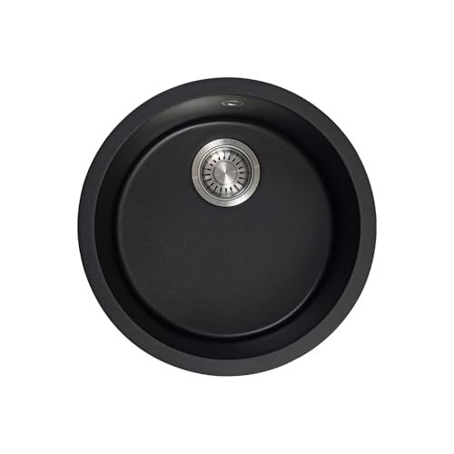 JASSFERRY Fregadero de cocina circular compuesto φ460 mm, cuenco individual redondo profundo con kit de colador de residuos, fregaderos de cuarzo negro para bar