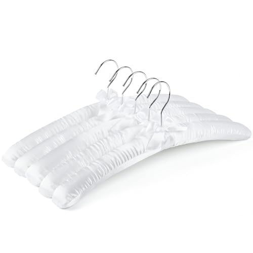Amber Home 5 Pack 17 Inch Large White Satin Padded Hangers for Women Clothing, Anti Slip Cushioned for Sweaters, Silk Fancy Dress for Wedding, Delicate Cashmere