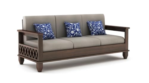 Image of STRATA FURNITURE Sheesham Wood 5 Seater Sofa Set for Living Room | Wooden 3+2 Seater Sofa Set Furniture for Bedroom Home Hall and Hotels (Walnut Finish, Grey)