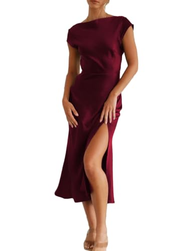 Women's Summer Satin Elegance Backless Twist Cap Sleeves Midi Dress 2025 Sexy Cowl Neck Slit Cocktail Wedding Guest Dresses