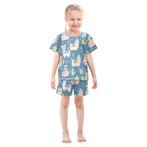 ALAZA Alpaca Llama Blue Cactus Pajamas Short Sleeve 2 Piece Sleepwear Top and Bottom Pajama Set Unisex3