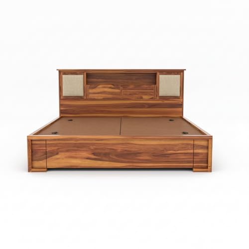 Image of Solid Sheesham Wood Bed with Storage | Wooden Cot with Box Storage & Upholstered Headboard | Strong Durable Frame | Modern Luxury Bed for Bedroom Home & Hotel (Honey Finish, Queen)