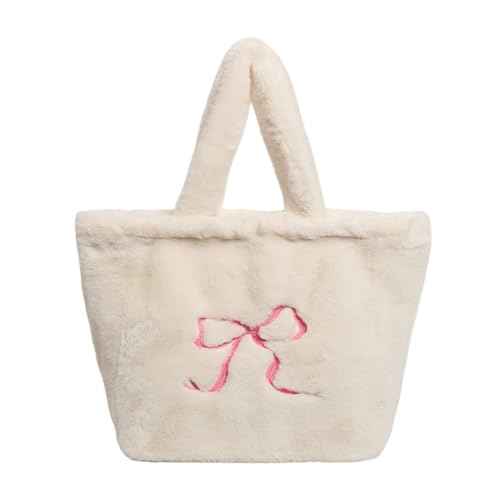 JUCHRZEY Damen-Umhängetasche aus Plüsch, lässige Hobo-Tasche, große Kapazität, lässig, pelzig, Tragetasche, einfarbig, flauschige Schleife, Handtasche, tägliche Pendlertasche