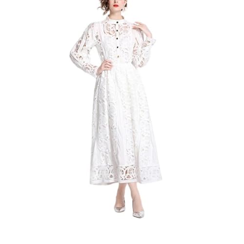 JYHBHMZG Elegante conjunto de falda larga bordada con manga de farol, cintura alta, para mujer, blanco, L