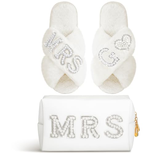 Image of Xtinmee Personalized Initial Wedding Bride Slipper Mrs Pearl Letter Makeup Bag Bachelorette Party Bridal Shower Wedding Gifts(G)