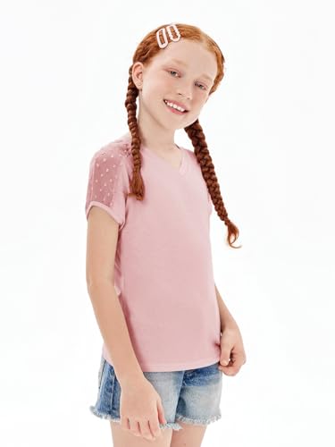 Image of Haloumoning Girls V Neck T-Shirts Kids Summer Swiss Dot Short Sleeve Tops Cute Fashion Tees 5-14 Years