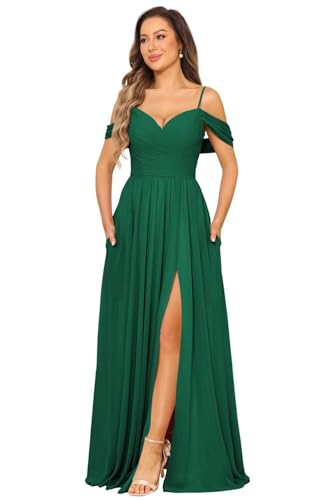 Women's Cold Shoulder Chiffon Bridesmaid Dresses with Slit Long Pleated A-line Formal Party Dress with Pockets RO044