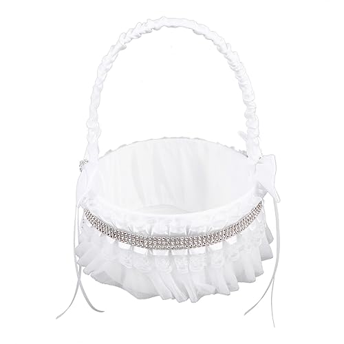 Veemoon Round Rhinestone Wedding Flower Basket for Flower Girls Elegant Western Style Bowknot for Petals Reusable Ceremony Decoration Lightweight Portable Wedding Supplies