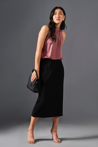 Image of Women's Pink Satin Sleeveless High-Neck Top | Elegant Shiny Office Wear Blouse for Ladies | Stylish Halter Neck Satin Top for Formal, Casual & Evening Outfits