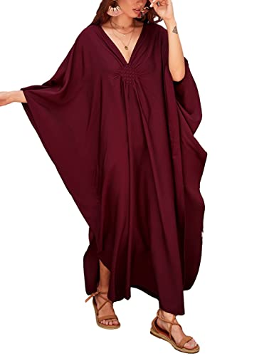 Bsubseach Women Solid Color Cover Up V Neck Batwing Sleeve Plus Size Beach Kaftan Dresses