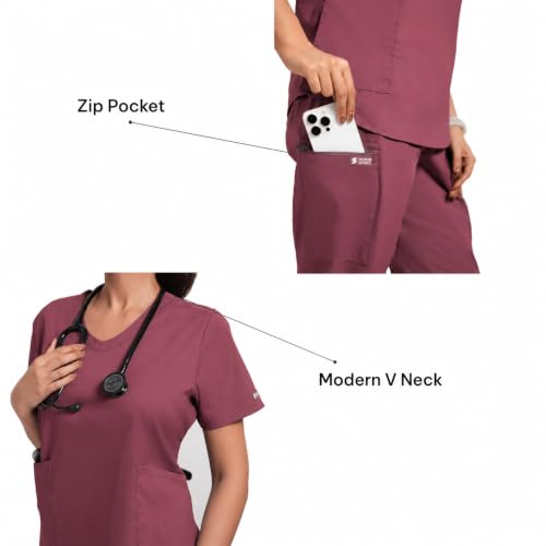 Image of Lite V-Neck 6-Pocket Women's Cotton ScrubSuit | Moisture-Wicking, Anti-Stain & Odor Protection | Classic Fit Top & Pant | All-Day Comfort for Doctors & Students Royal Plum (XS)