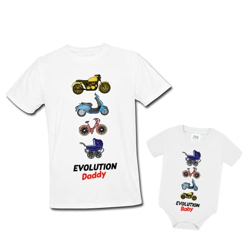 Pacchetto Famiglia Maglietta Uomo e Body Bimbo Neonato Coppia Evolution Daddy Baby Padre e Figlio! Moto e Passeggino!